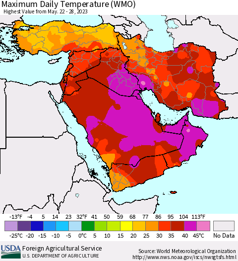 Middle East and Turkey Maximum Daily Temperature (WMO) Thematic Map For 5/22/2023 - 5/28/2023