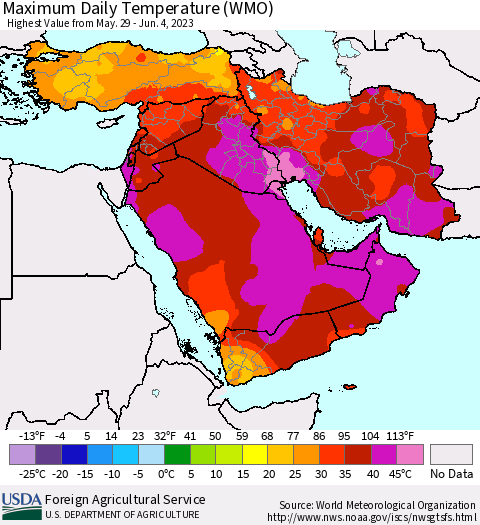 Middle East and Turkey Maximum Daily Temperature (WMO) Thematic Map For 5/29/2023 - 6/4/2023