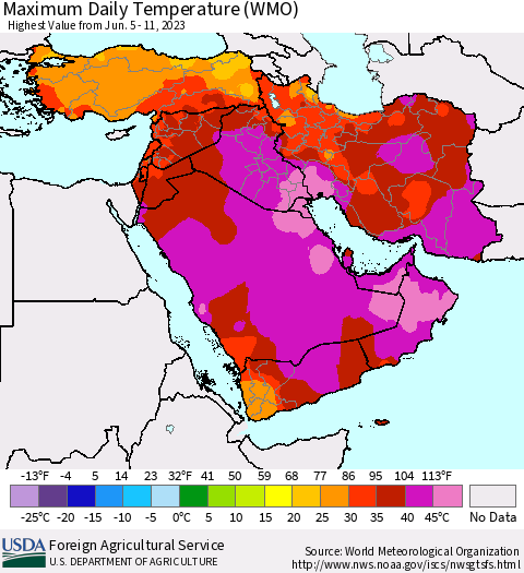 Middle East and Turkey Maximum Daily Temperature (WMO) Thematic Map For 6/5/2023 - 6/11/2023