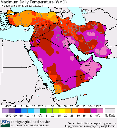 Middle East and Turkey Maximum Daily Temperature (WMO) Thematic Map For 6/12/2023 - 6/18/2023