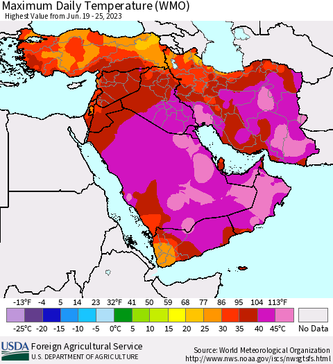 Middle East and Turkey Maximum Daily Temperature (WMO) Thematic Map For 6/19/2023 - 6/25/2023