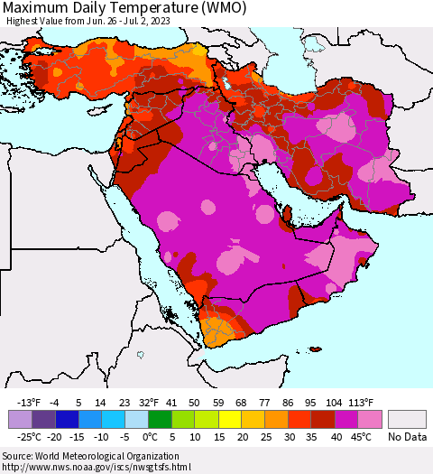 Middle East and Turkey Maximum Daily Temperature (WMO) Thematic Map For 6/26/2023 - 7/2/2023