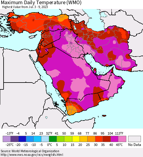 Middle East and Turkey Maximum Daily Temperature (WMO) Thematic Map For 7/3/2023 - 7/9/2023