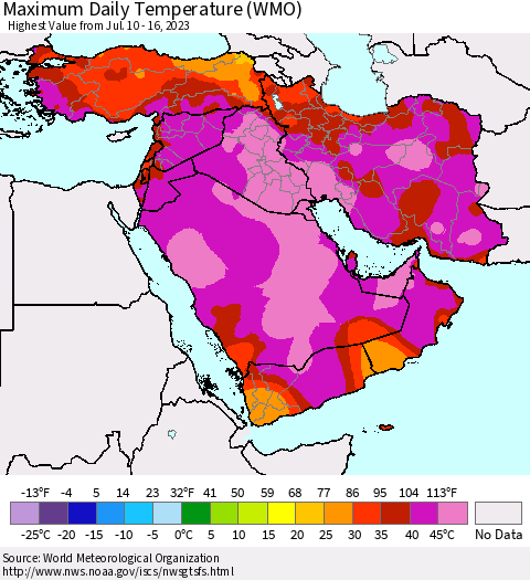 Middle East and Turkey Maximum Daily Temperature (WMO) Thematic Map For 7/10/2023 - 7/16/2023