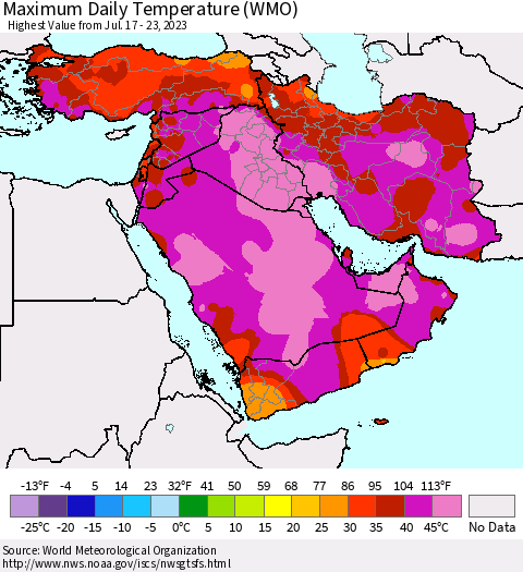 Middle East and Turkey Maximum Daily Temperature (WMO) Thematic Map For 7/17/2023 - 7/23/2023