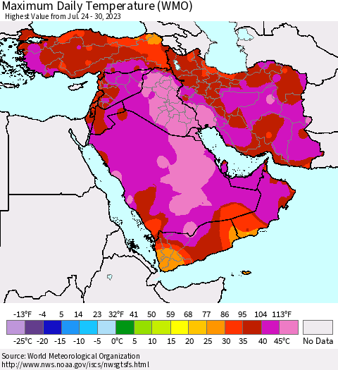 Middle East and Turkey Maximum Daily Temperature (WMO) Thematic Map For 7/24/2023 - 7/30/2023