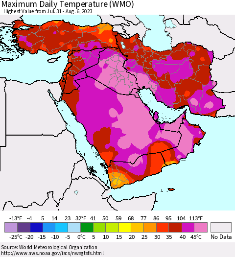 Middle East and Turkey Maximum Daily Temperature (WMO) Thematic Map For 7/31/2023 - 8/6/2023