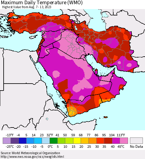 Middle East and Turkey Maximum Daily Temperature (WMO) Thematic Map For 8/7/2023 - 8/13/2023