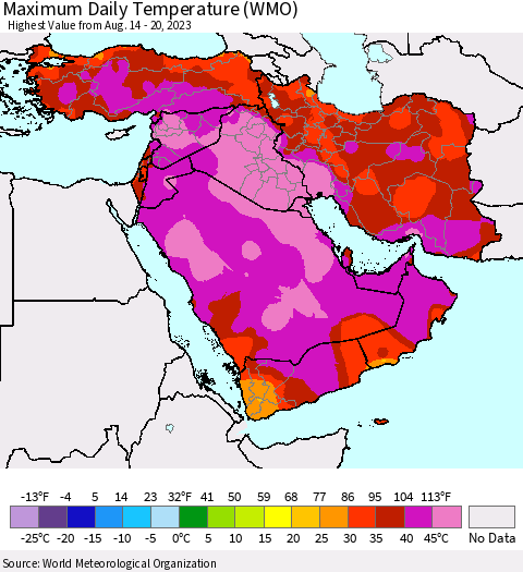 Middle East and Turkey Maximum Daily Temperature (WMO) Thematic Map For 8/14/2023 - 8/20/2023