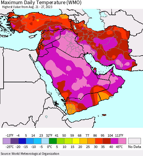 Middle East and Turkey Maximum Daily Temperature (WMO) Thematic Map For 8/21/2023 - 8/27/2023