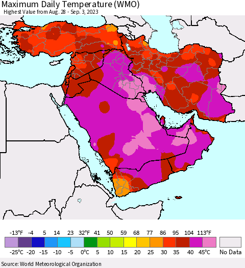Middle East and Turkey Maximum Daily Temperature (WMO) Thematic Map For 8/28/2023 - 9/3/2023