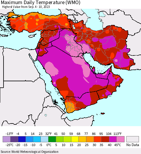 Middle East and Turkey Maximum Daily Temperature (WMO) Thematic Map For 9/4/2023 - 9/10/2023