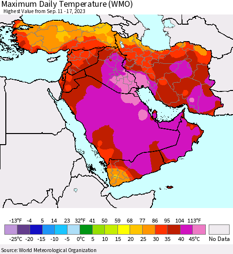 Middle East and Turkey Maximum Daily Temperature (WMO) Thematic Map For 9/11/2023 - 9/17/2023