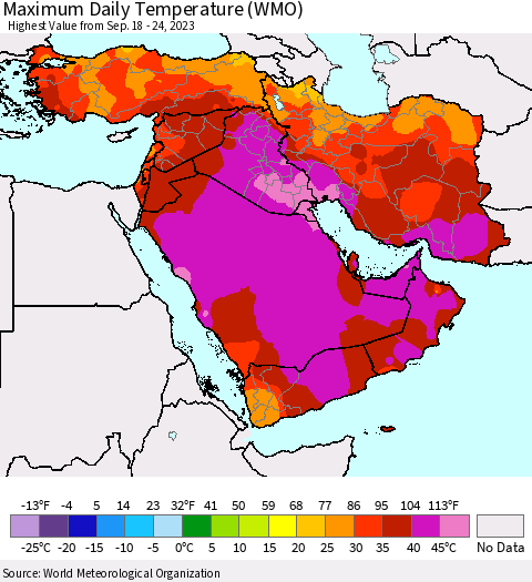 Middle East and Turkey Maximum Daily Temperature (WMO) Thematic Map For 9/18/2023 - 9/24/2023