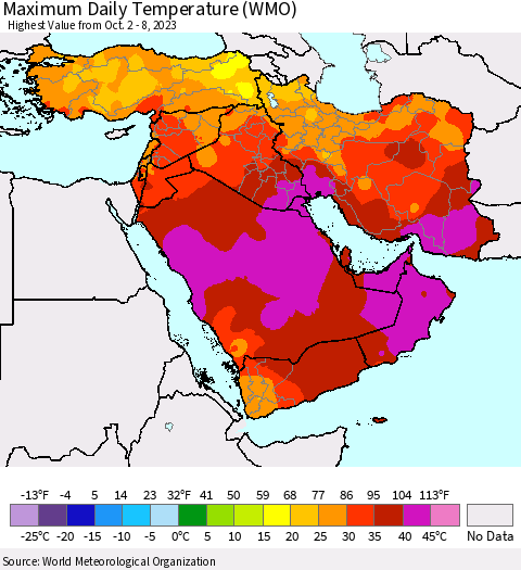 Middle East and Turkey Maximum Daily Temperature (WMO) Thematic Map For 10/2/2023 - 10/8/2023