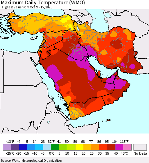Middle East and Turkey Maximum Daily Temperature (WMO) Thematic Map For 10/9/2023 - 10/15/2023