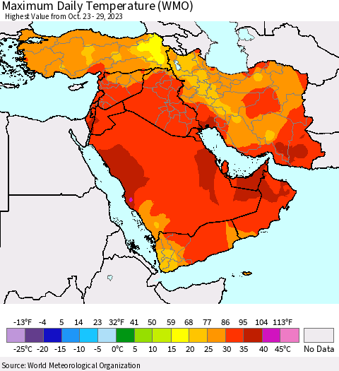Middle East and Turkey Maximum Daily Temperature (WMO) Thematic Map For 10/23/2023 - 10/29/2023