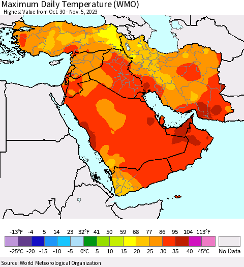 Middle East and Turkey Maximum Daily Temperature (WMO) Thematic Map For 10/30/2023 - 11/5/2023
