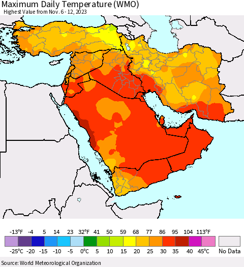 Middle East and Turkey Maximum Daily Temperature (WMO) Thematic Map For 11/6/2023 - 11/12/2023