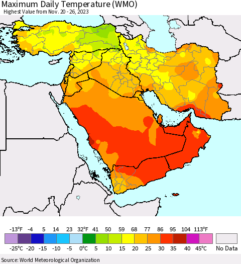 Middle East and Turkey Maximum Daily Temperature (WMO) Thematic Map For 11/20/2023 - 11/26/2023