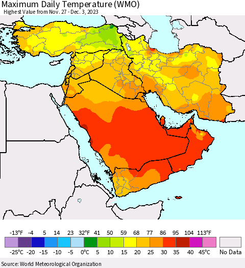 Middle East and Turkey Maximum Daily Temperature (WMO) Thematic Map For 11/27/2023 - 12/3/2023