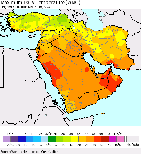 Middle East and Turkey Maximum Daily Temperature (WMO) Thematic Map For 12/4/2023 - 12/10/2023