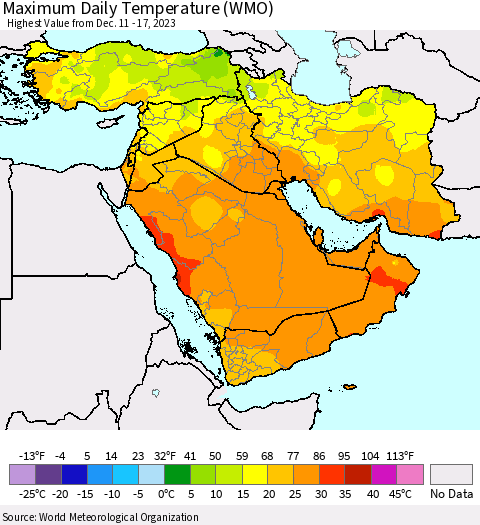 Middle East and Turkey Maximum Daily Temperature (WMO) Thematic Map For 12/11/2023 - 12/17/2023