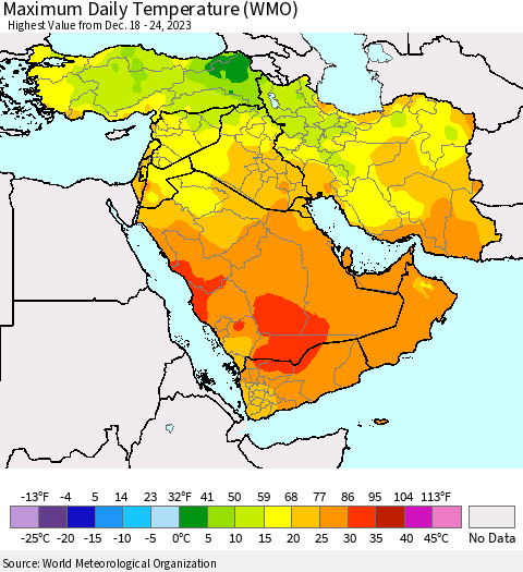 Middle East and Turkey Maximum Daily Temperature (WMO) Thematic Map For 12/18/2023 - 12/24/2023