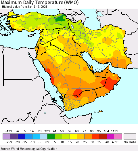 Middle East and Turkey Maximum Daily Temperature (WMO) Thematic Map For 1/1/2024 - 1/7/2024