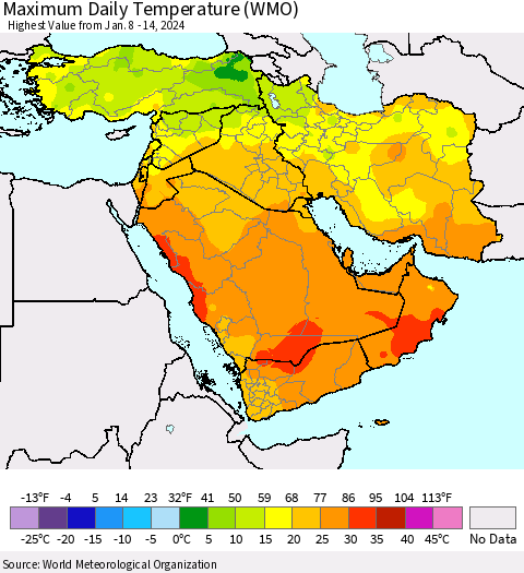 Middle East and Turkey Maximum Daily Temperature (WMO) Thematic Map For 1/8/2024 - 1/14/2024
