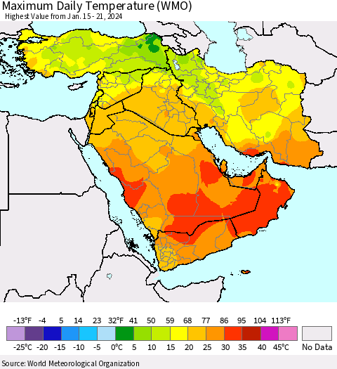 Middle East and Turkey Maximum Daily Temperature (WMO) Thematic Map For 1/15/2024 - 1/21/2024