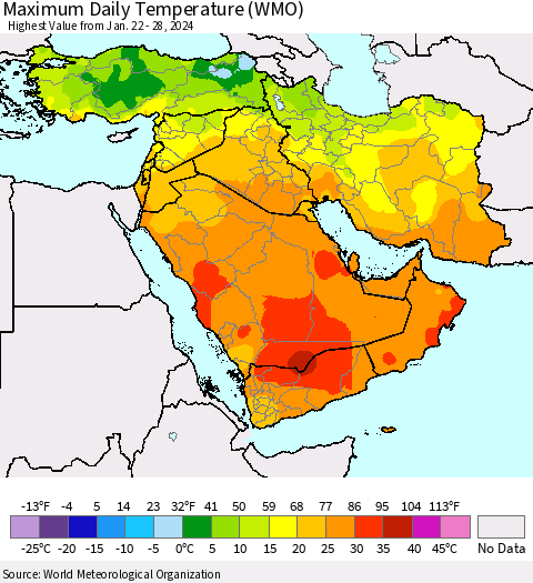 Middle East and Turkey Maximum Daily Temperature (WMO) Thematic Map For 1/22/2024 - 1/28/2024