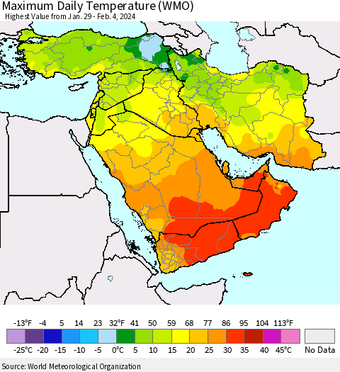 Middle East and Turkey Maximum Daily Temperature (WMO) Thematic Map For 1/29/2024 - 2/4/2024