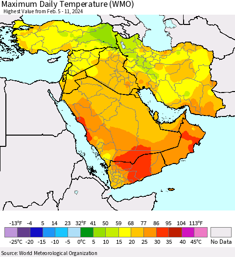Middle East and Turkey Maximum Daily Temperature (WMO) Thematic Map For 2/5/2024 - 2/11/2024