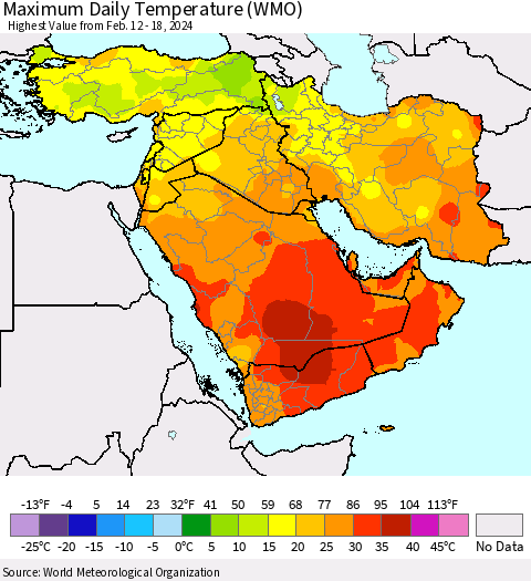 Middle East and Turkey Maximum Daily Temperature (WMO) Thematic Map For 2/12/2024 - 2/18/2024