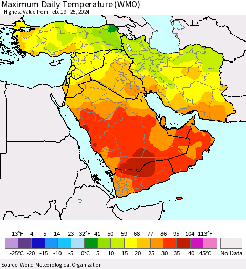 Middle East and Turkey Maximum Daily Temperature (WMO) Thematic Map For 2/19/2024 - 2/25/2024