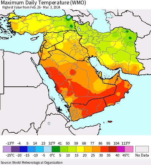 Middle East and Turkey Maximum Daily Temperature (WMO) Thematic Map For 2/26/2024 - 3/3/2024