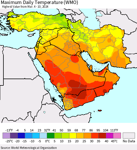 Middle East and Turkey Maximum Daily Temperature (WMO) Thematic Map For 3/4/2024 - 3/10/2024
