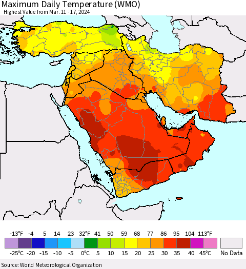 Middle East and Turkey Maximum Daily Temperature (WMO) Thematic Map For 3/11/2024 - 3/17/2024