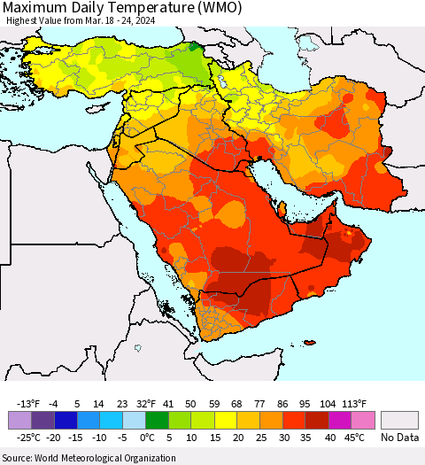 Middle East and Turkey Maximum Daily Temperature (WMO) Thematic Map For 3/18/2024 - 3/24/2024