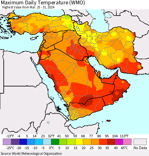 Middle East and Turkey Maximum Daily Temperature (WMO) Thematic Map For 3/25/2024 - 3/31/2024