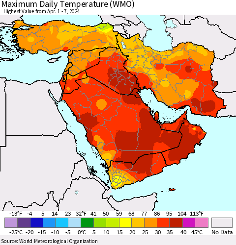 Middle East and Turkey Maximum Daily Temperature (WMO) Thematic Map For 4/1/2024 - 4/7/2024