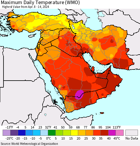 Middle East and Turkey Maximum Daily Temperature (WMO) Thematic Map For 4/8/2024 - 4/14/2024