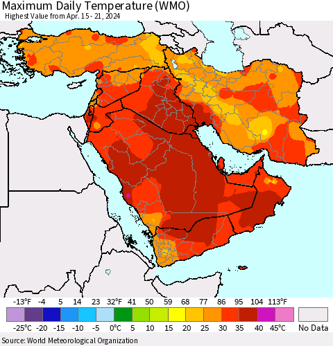 Middle East and Turkey Maximum Daily Temperature (WMO) Thematic Map For 4/15/2024 - 4/21/2024