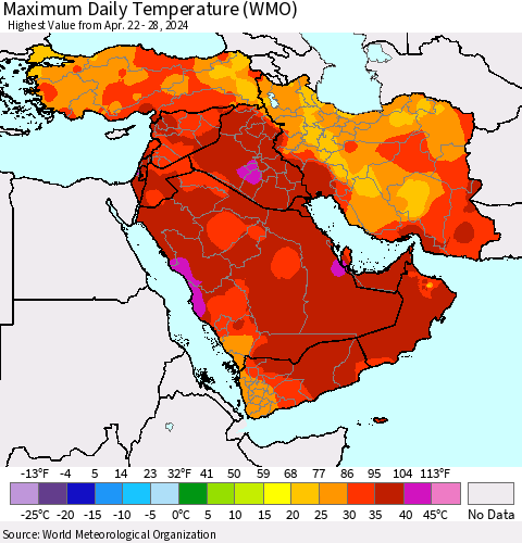 Middle East and Turkey Maximum Daily Temperature (WMO) Thematic Map For 4/22/2024 - 4/28/2024