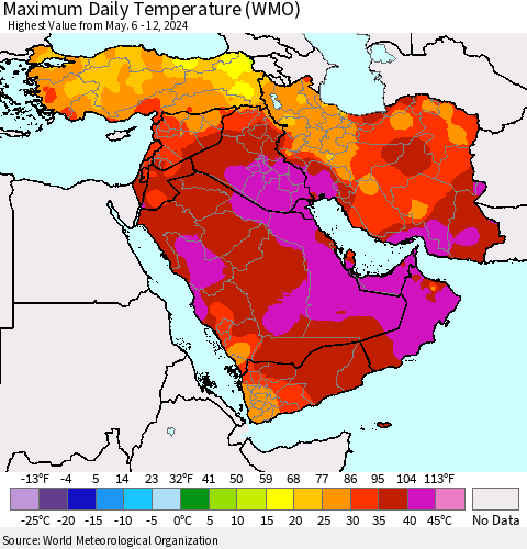 Middle East and Turkey Maximum Daily Temperature (WMO) Thematic Map For 5/6/2024 - 5/12/2024