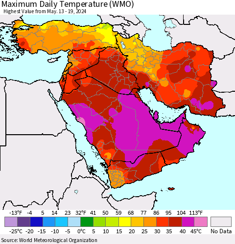 Middle East and Turkey Maximum Daily Temperature (WMO) Thematic Map For 5/13/2024 - 5/19/2024