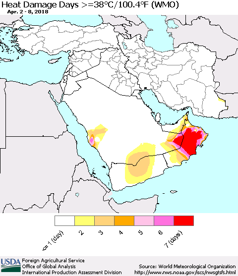 Middle East and Turkey Heat Damage Days >=38°C/100°F (WMO) Thematic Map For 4/2/2018 - 4/8/2018