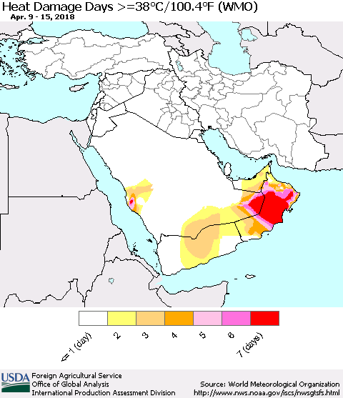Middle East and Turkey Heat Damage Days >=38°C/100°F (WMO) Thematic Map For 4/9/2018 - 4/15/2018