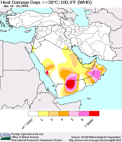 Middle East and Turkey Heat Damage Days >=38°C/100°F (WMO) Thematic Map For 4/16/2018 - 4/22/2018